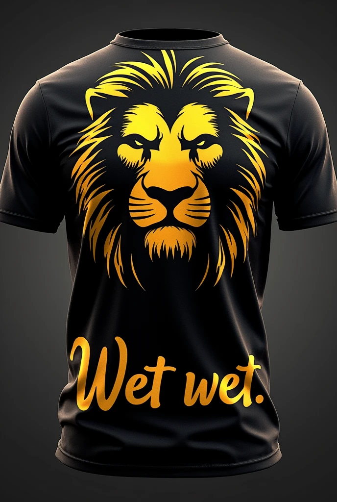 Black football team t-shirt, with gold letters, Written "Wet wet" on the back at the bottom. The mascot printed on the shirt will be a lion showing its muscles in its golden colors on the front.