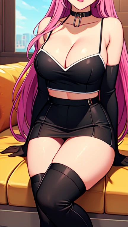 Masterpiece, raw, beautiful art, professional artist, 8k, art style by sciamano240, very detailed face, very detailed hair, 1 woman, perfectly drawn body, beautiful face, long hair, pink hair , very detailed green eyes , rosey cheeks, intricate details in eyes, playful smile, looking directly at viewer , in love with viewer expression, black chocker, lipstick, wearing cute fall clothes, tight ribbed white crop spaghetti strap top, short black pencil skirt, thigh boots, sitting down on chair, sunny day fall, legs spread wide open, cleavage exposed