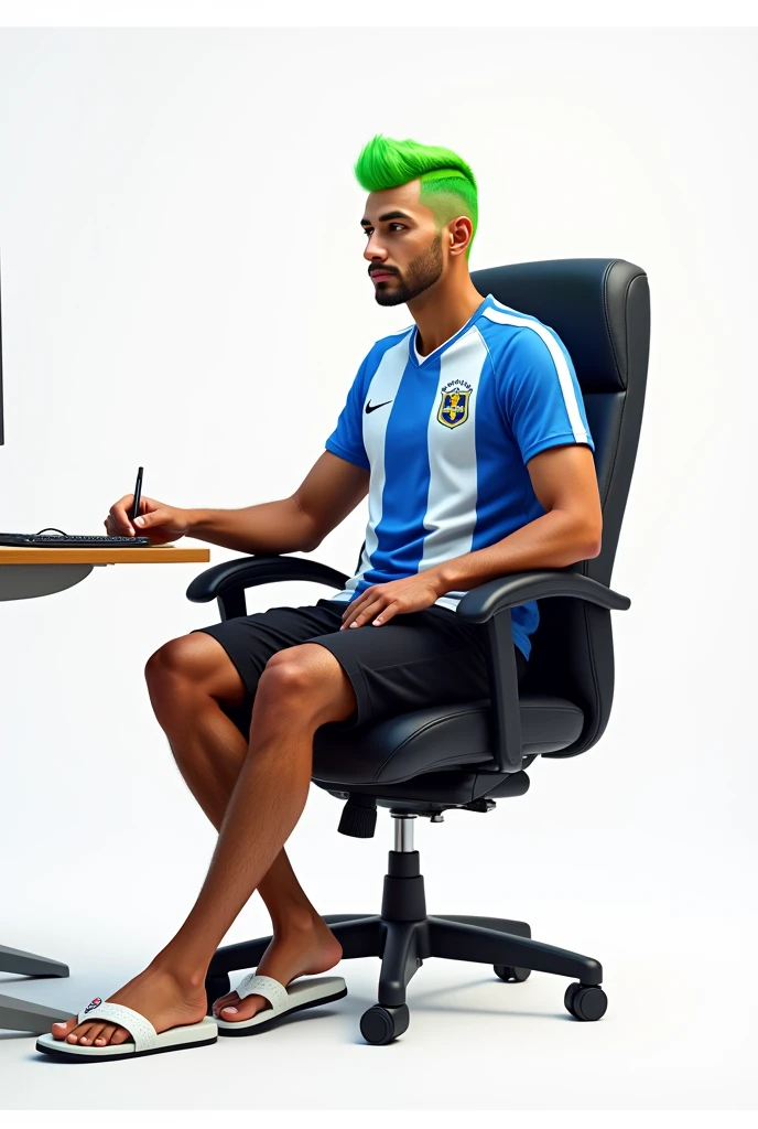 Um homem brasileiro, with straight green hair, Corinthians shirt, with black shorts and white flip-flops sitting in a secretary chair