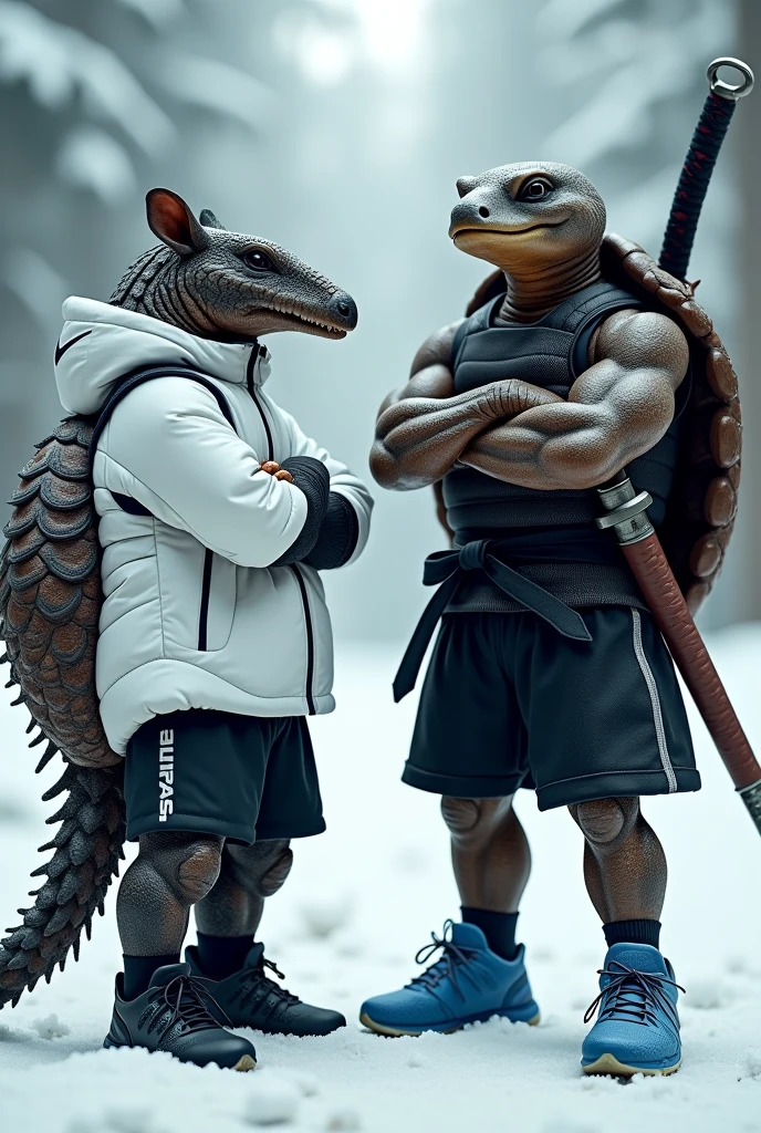 An armadillo with black scale-textured skin wearing black Nike running shoes and the armadillo wearing a white snowboard jacket with a dragon symbol. Next to him is a turtle wearing blue ASICS running shoes and a black samurai outfit.. The two are standing with their arms crossed in the snow. They are tall and high-performance athletes.