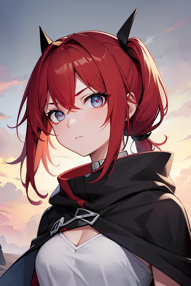 (high-quality, breathtaking),(expressive eyes, perfect face) 1girl, female, solo, teenager, short ponytail length hair, red hair color, multicolored hair, glowing hair, loose hair, wavy hair, light grey eyes color, soft expression, black cloak, black shirt, fantasy warrior high-tech clothing, scars on her left face, space background, portrait, upper body, serious, beautiful hairstyle, soft makeup, , ponytails