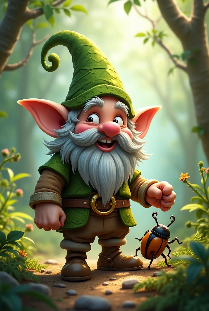 Create a gnome druid named Lenny Graybeard, the beetle that loves to play tricks (make him look like a mischievous person)
