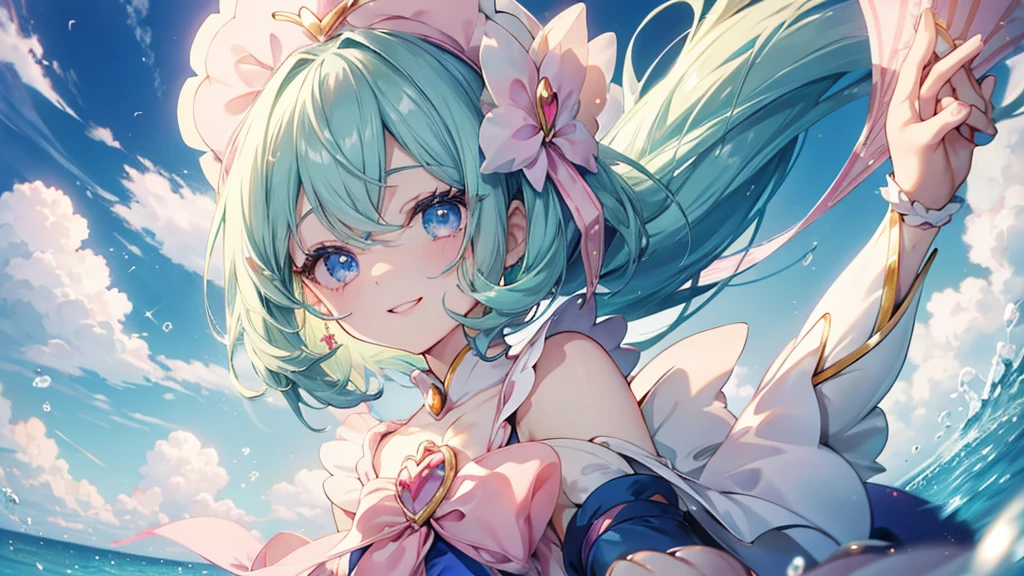 ((((髪UP,Green Hair,顔UP,Look up,)),(((Highest quality、masterpiece、Ultra-fine、Ultra-fine、髪UP,Green Hair,Exquisite、16K,顔UP,Look up,The best smile,Full HD,,)),( ((summer,One person,かわいいMagical girl,)))Blue Eyes、Long eyelashes、White skin、(Pale pink lips、Pale pink cheeks、thin and long)、 (((かわいいMagical girl,The best smile)), (One person)) 、(blue sky)) 、 ((Magical girl)、