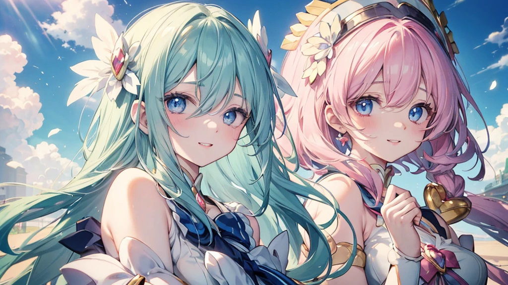 ((((髪UP,Green Hair,顔UP,Look up,)),(((Highest quality、masterpiece、Ultra-fine、Ultra-fine、髪UP,Green Hair,Exquisite、16K,顔UP,Look up,The best smile,Full HD,,)),( ((summer,One person,かわいいMagical girl,)))Blue Eyes、Long eyelashes、White skin、(Pale pink lips、Pale pink cheeks、thin and long)、 (((かわいいMagical girl,The best smile)), (One person)) 、(blue sky)) 、 ((Magical girl)、
