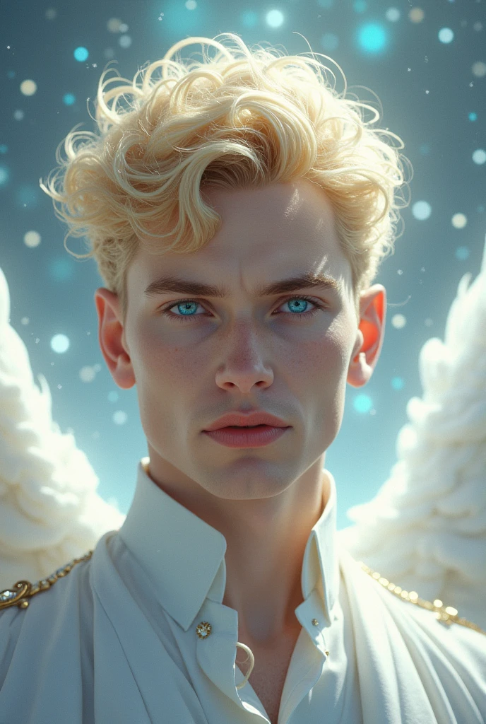 Draw a king, white color, curly yellow blonde hair, blue colored eyes, long jaw, beleza celestial.