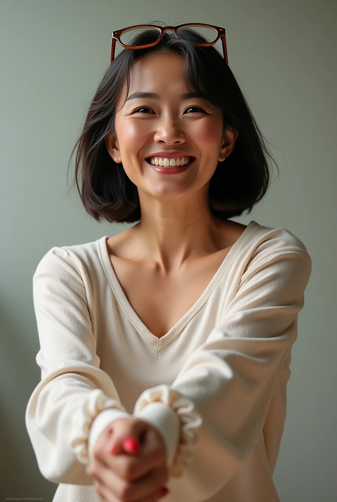 The middle -aged Asian woman danced, opened her chest, looked straight, smiled, her shoulder hair, glasses on her hair, sharp images, clearly obvious