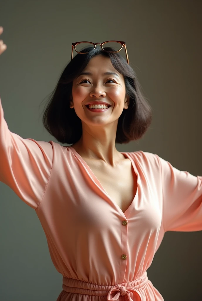 A middle -aged Asian woman, her body, dancing, opening her chest, looking straight, smiling, shoulder hair, glasses on her head, (the best quality, 4k, 8k,), super detailed, (reality Te, optical, photos, photos), sharp focus, vivid, professional colors