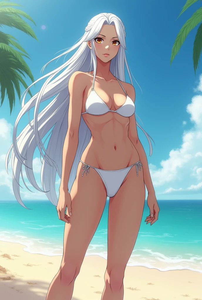 (best quality, highres, masterpiece:1.2), ultra-detailed, realistic:1.37, white-haired woman,beach,  tall, brown eyes, fair skin, elegant, confident smile, wearing a blue strapless bikini set, beach bar background, back turned 