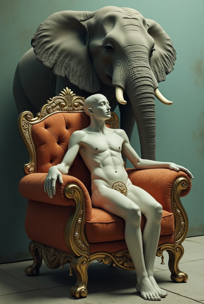 A human ottoman with an elephant appearing behind it