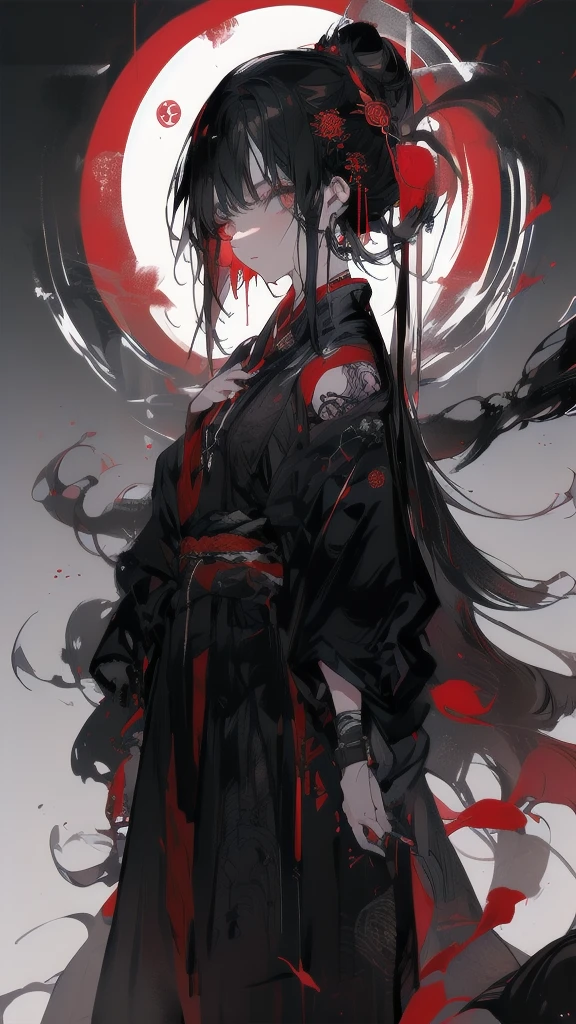 Girl with red cloud motif,Pitch black background,Cyber Kimono