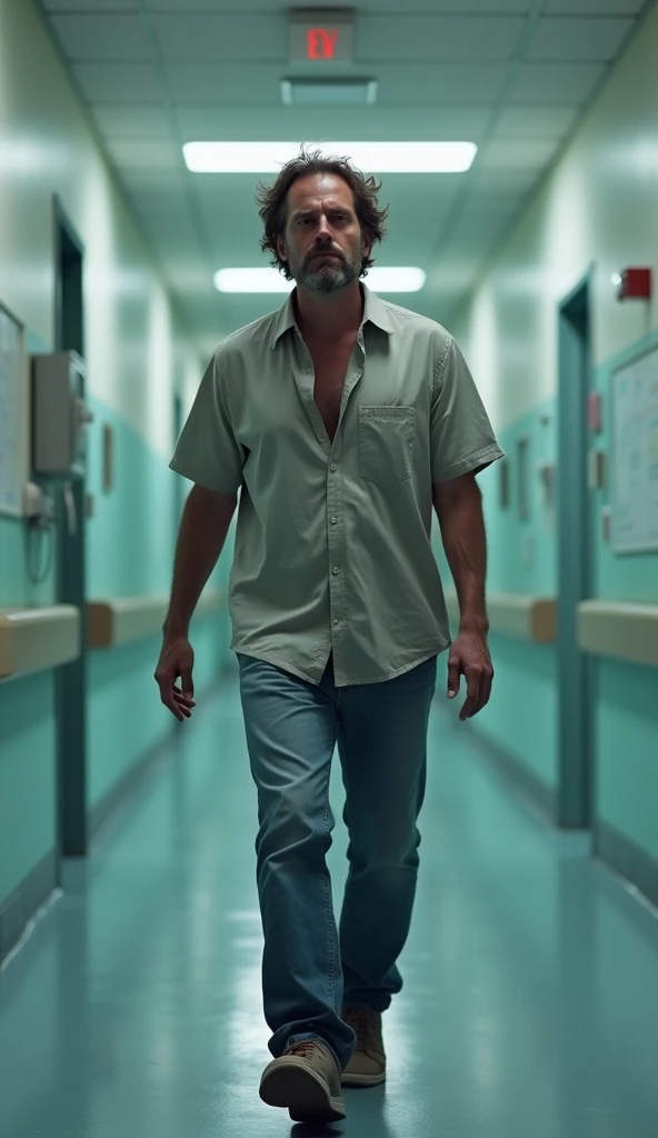 The father, a man in his late 30s or early 40s, is of average height with a slightly disheveled appearance. His dark brown hair is tousled, showing signs of him running his hands through it repeatedly out of anxiety. He has a five o'clock shadow, and his eyes are red-rimmed from stress and lack of sleep. Dressed in a casual, wrinkled shirt and jeans, his posture is tense, shoulders hunched as he paces the hospital corridor, Full-body shot, bloodshot eyes, depth of field, cinematic lighting, Realism, Hyperrealism, wide shot, Wide-Angle, Fujifilm, 85mm, Eye-Level Shot, best quality, masterpiece, anatomically correct, 16k, accurate, super detail