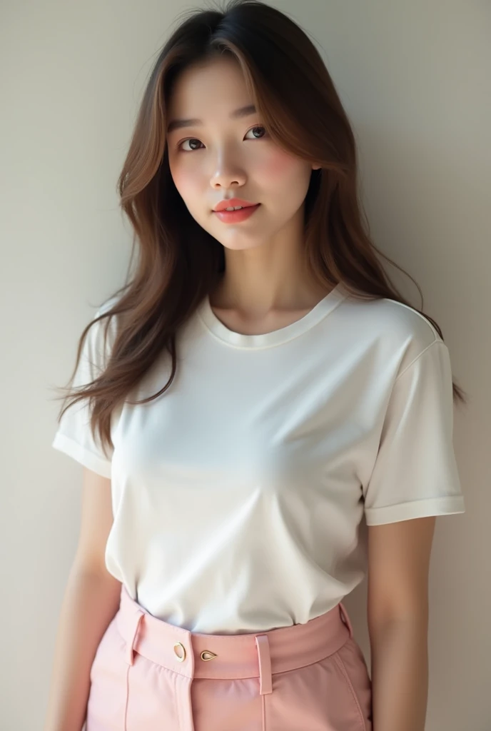 girl + pale skin + asian eyes (dark brown) + straight light brown hair + curvy body + c cup breasts + upturned nose.

white short-sleeved t-shirt + pastel pink mini skirt.
