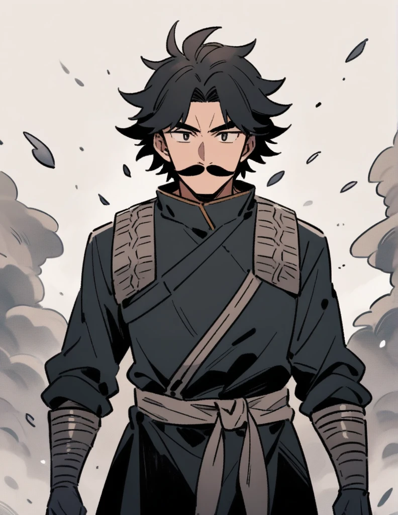 strong young man, With thick black mustache , fundo cinza, facing the front, Bblack hair