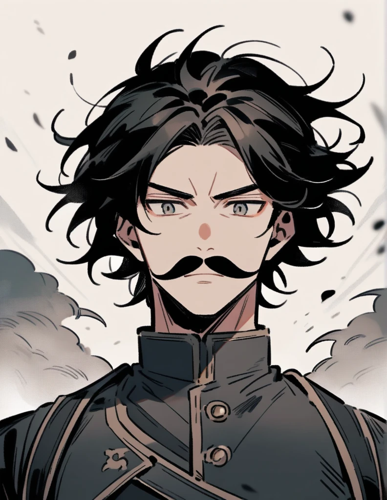 strong young man, With thick black mustache , fundo cinza, facing the front, Bblack hair