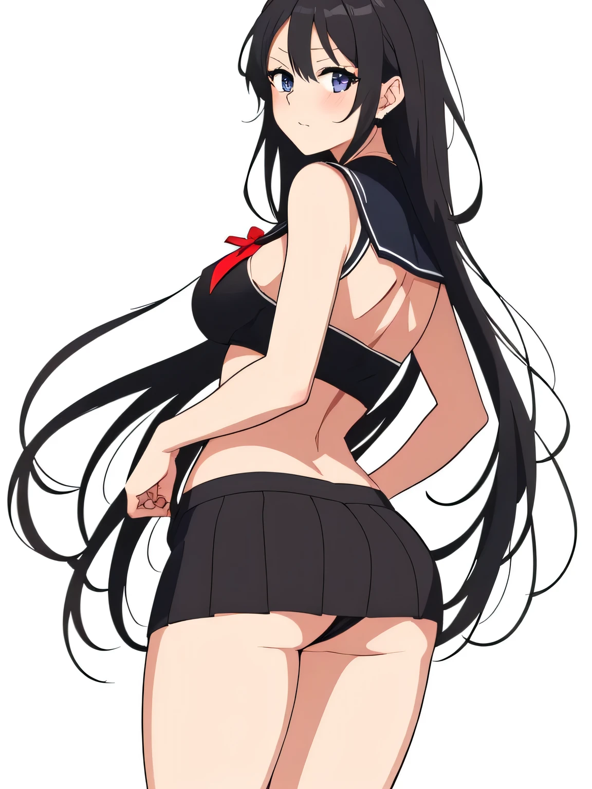 a black ink drawing in outline and colors, character: Hayase Nagatoro in a uniform consisting of an unbuttoned blouse with a wide neckline showing a bra and thong under a cowboy mini skirt, She is a girl with a large but firm and rounded bust with covered nipples, She likes sexy poses, Open legs and rounded and firm butt like her heroine Sailor Moon, Leaning forward, slightly lifting her miniskirt, you can see her buttocks.,1 girl view. (The work signed by "MemMt" In the lower right corner), white background, rear side lighting, full body shot, Sexy angle,