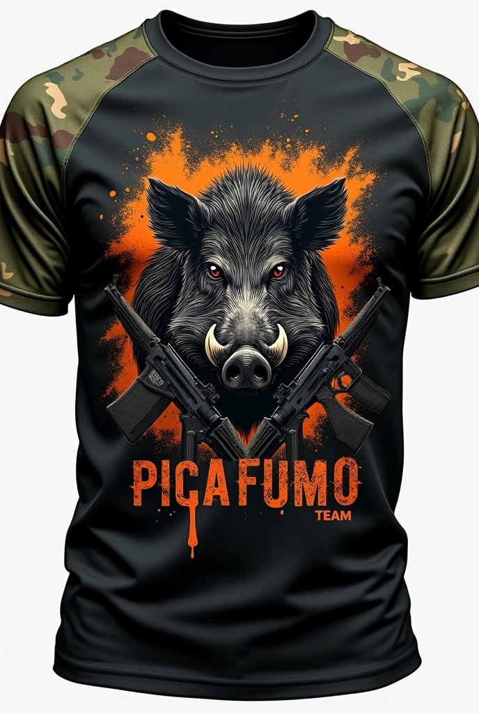 LONG SLEEVE MILITARY T-SHIRT IN BLACK WITH MOSS GREEN SLEEVES AND THE IMAGE OF A BOAR AND AMERICAN 556 RIFLES , Written "PICA FUMO TEAM " PUT SHOT HOLES IN THIS SAME MODEL KEEP THE MODEL ADD AMMUNITION