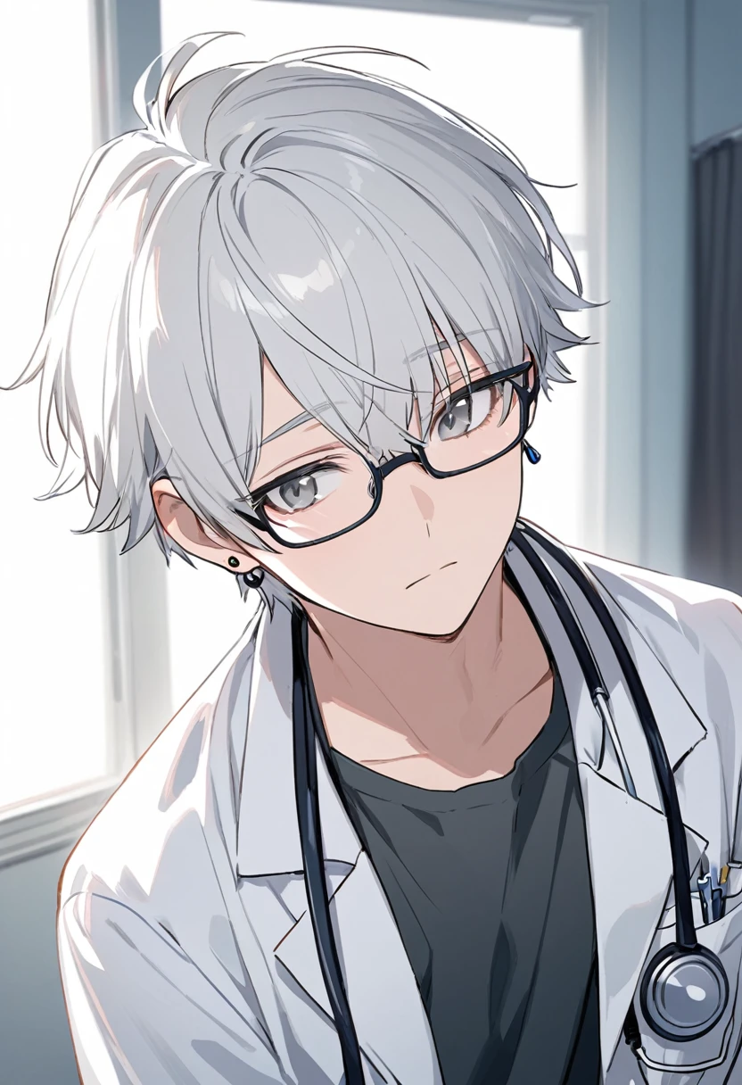 brother, alone, Glasses, Grey Eyes, White Hair, short hair, No highlights, Earrings, White, Doctor&#39;s uniform, Doctor&#39;s uniform,  