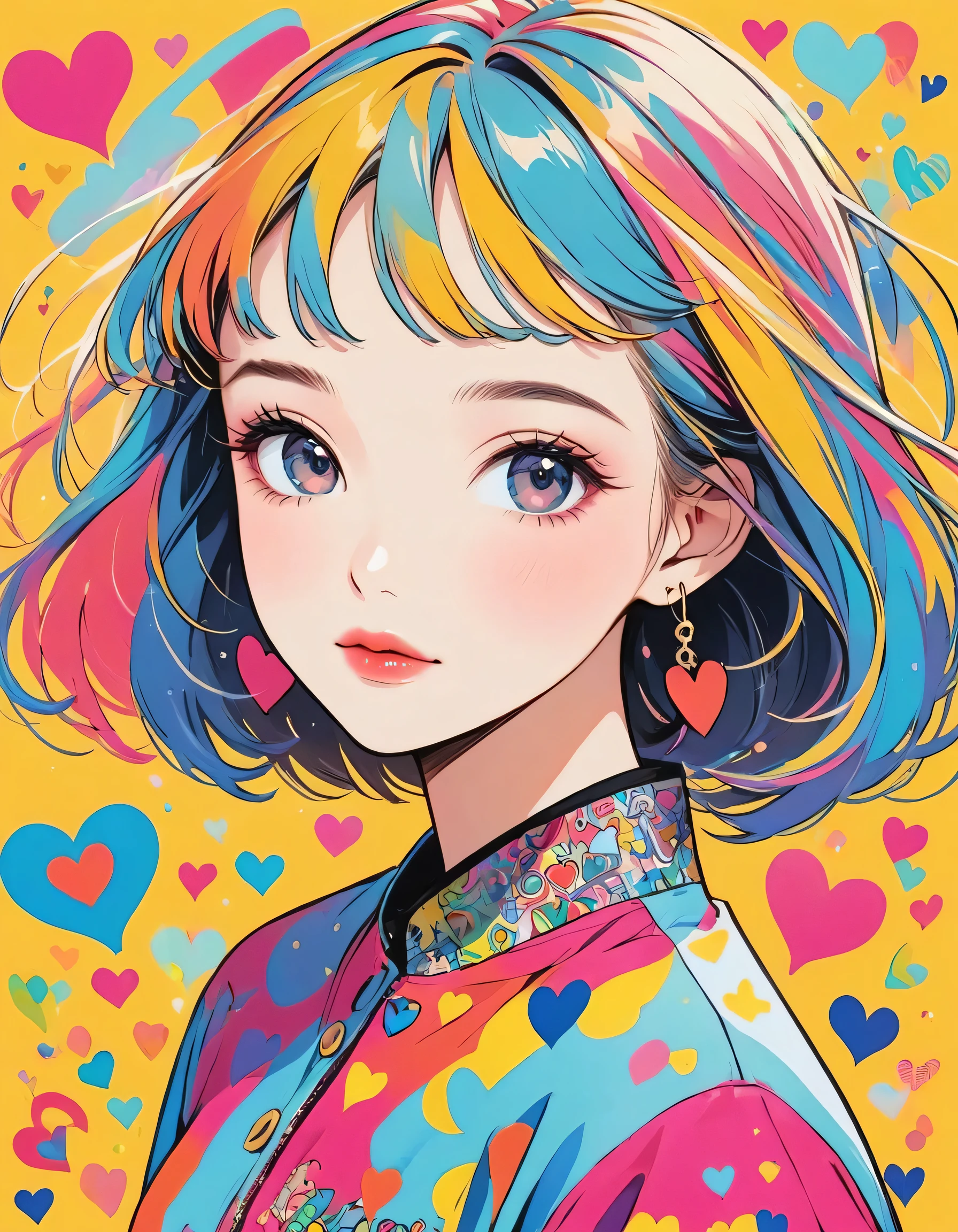 Keith Haring colorful style, Simple Line Initialism，Abstract art，(((The most beautiful girl of all time))), Sweet face. Lips in love, colorful hearts, stylish design, 夏のオシャレなTシャツ, 黒い瞳, walking, Paris