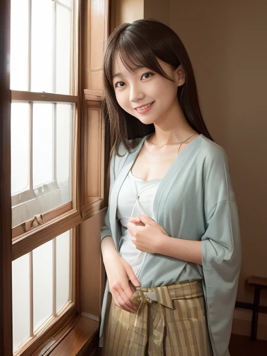 Japanese female, (underweight), (flat chest best quality:1.5), 30 years old, (cheerful grin:1.3),
Woman standing by the window, (Through a window indoors:1.5),(Backlit:1.4),