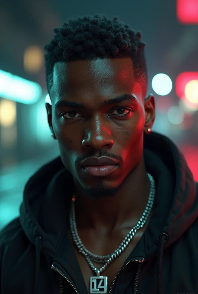 A black man with a simple hairstyle and big lips, an ice chain with the number 14 around the neck. Gta v mode. Very realistic in 4k