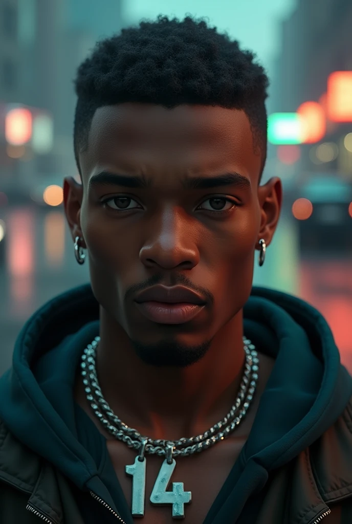 A black man with a simple hairstyle and big lips, an ice chain with the number 14 around the neck. Gta v mode. Very realistic in 4k