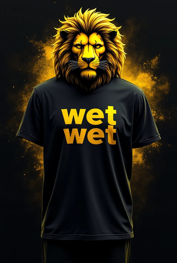 Black football team t-shirt, with gold letters, Written "Wet wet" on the back at the bottom. The mascot printed on the shirt will be a strong and imposing lion in its golden colors on the front.