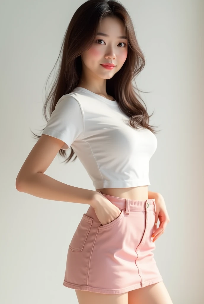 girl + pale skin + asian eyes (dark brown) + straight light brown hair + curvy body + c cup breasts + upturned nose.

white short-sleeved t-shirt + pastel pink mini skirt.