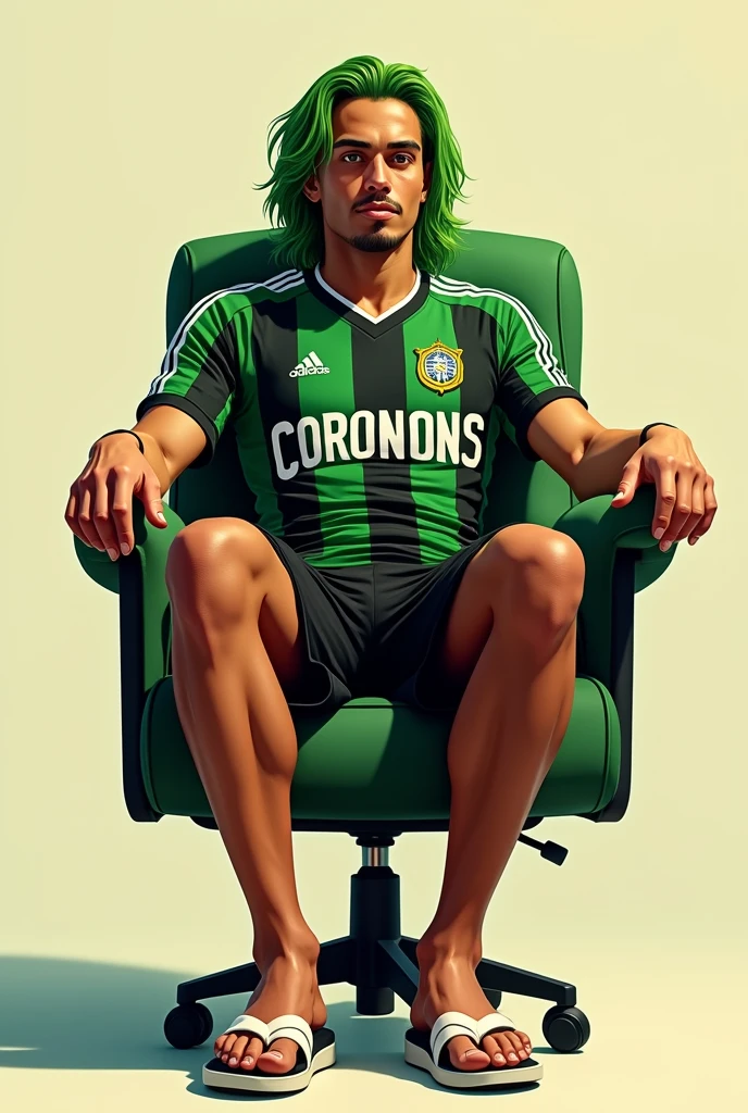 Um homem brasileiro, with straight green hair, Corinthians shirt, with black shorts and white flip-flops sitting in a secretary chair