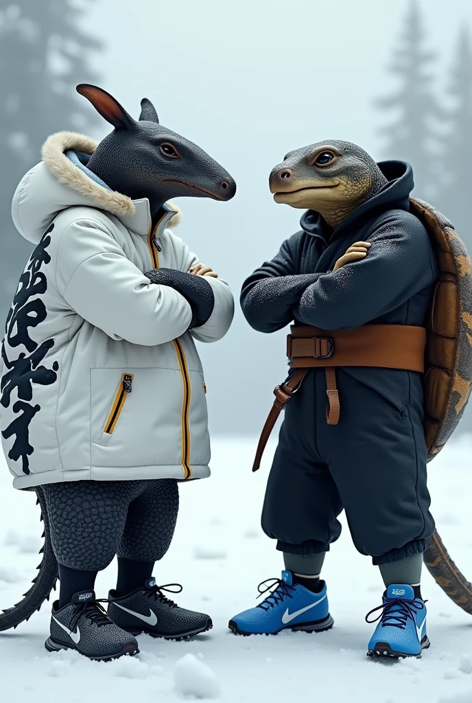 An armadillo with black scale-textured skin wearing black Nike running shoes and the armadillo wearing a white snowboard jacket with a dragon symbol. Next to him is a turtle wearing blue ASICS running shoes and a black samurai outfit.. The two are standing with their arms crossed in the snow. They are tall and high-performance athletes.