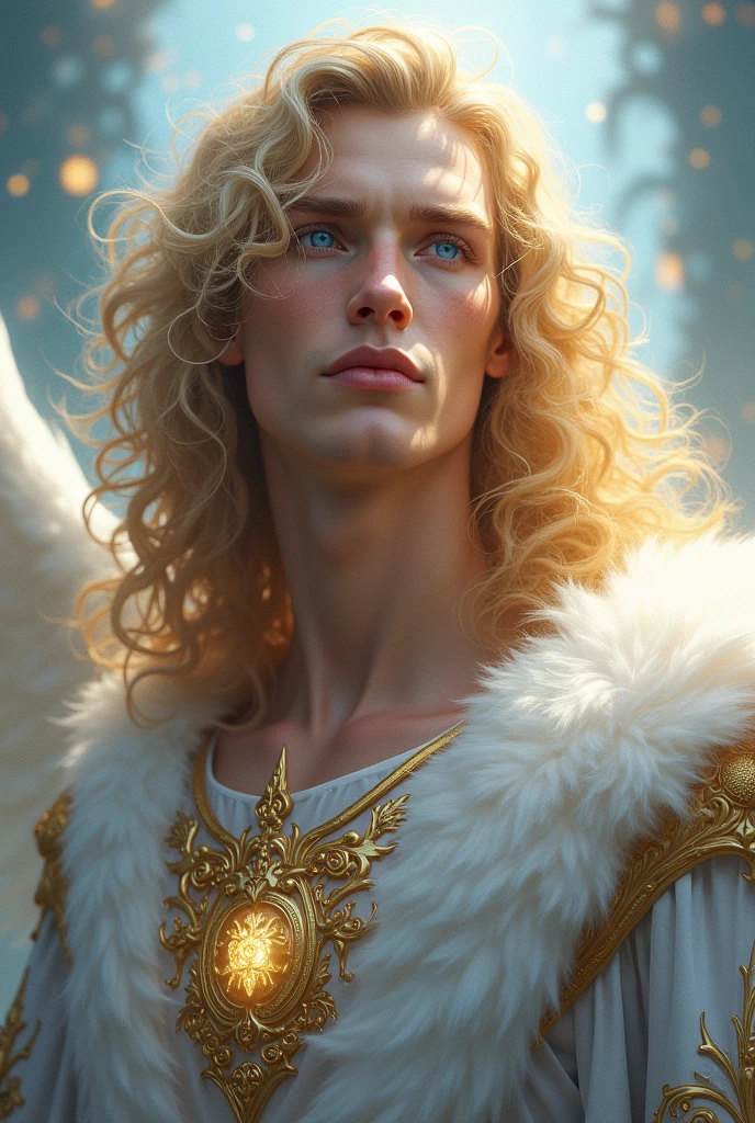 Draw a king, white color, curly yellow blonde hair, blue colored eyes, long jaw, shoulder length hair, beleza celestial.