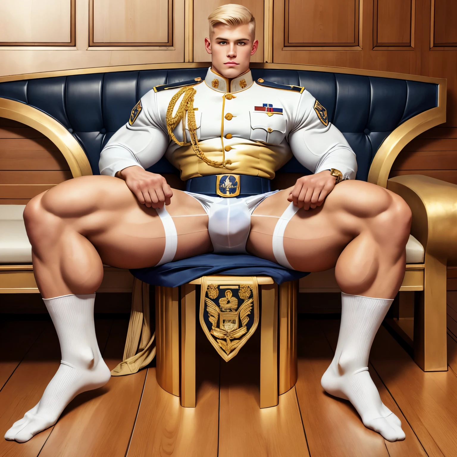 full view full body, one elite military school white blonde guy with military haircut, in navy-blue and gold leather uniform, navy-blue and gold leather shorts, long high white socks, shoes off, ancient gold signet ring, slim muscle, sitting in his long white socks on wooden bench in royal stables showing off his white socked feet, HQ photo