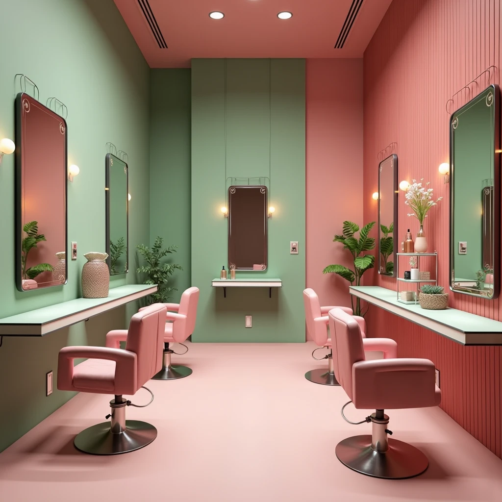 A simple beauty salon, but chic, inner part with green and pink tones, showing chairs and mirrors.