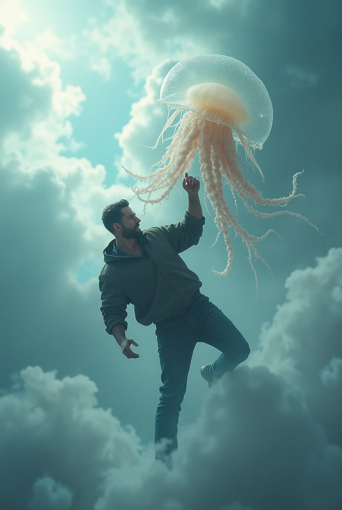 Man killing a jellyfish in a sea of clouds