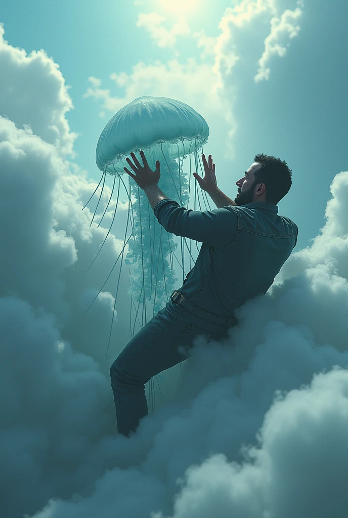 Man killing a jellyfish in a sea of clouds