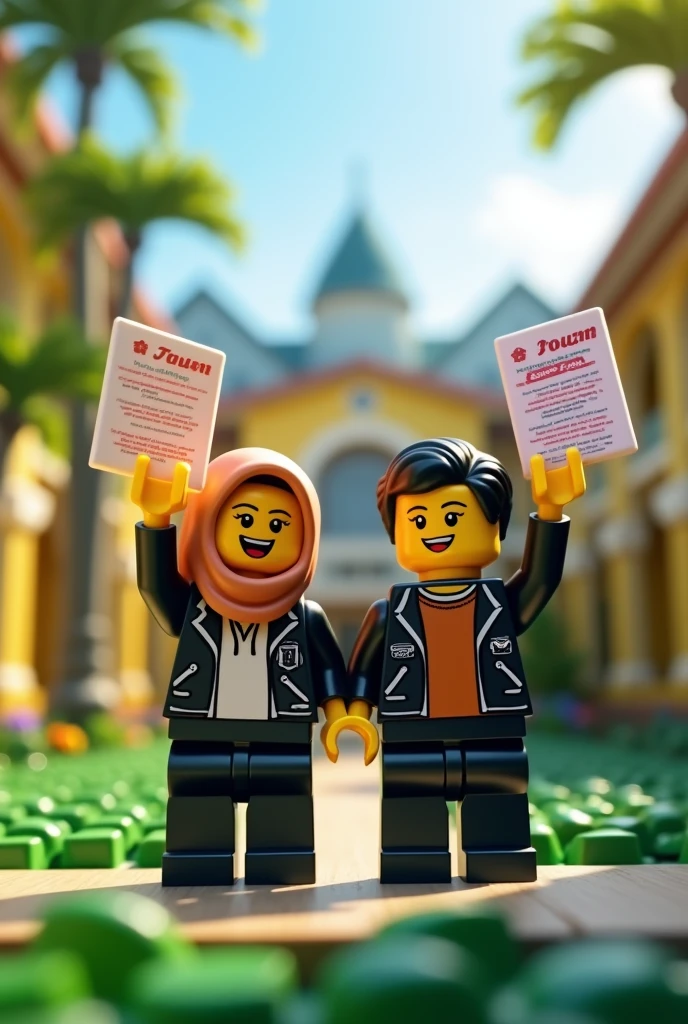Create a universities students lego malay young cute girl with hijab with cute malay boy. both University of Sultan Zainal Abidin (UNISZA). They both hold up their colorful exam slips, showing off their impressive scores. The campus background is lush with greenery. University background. Realistic. Super UHD. Macro realism