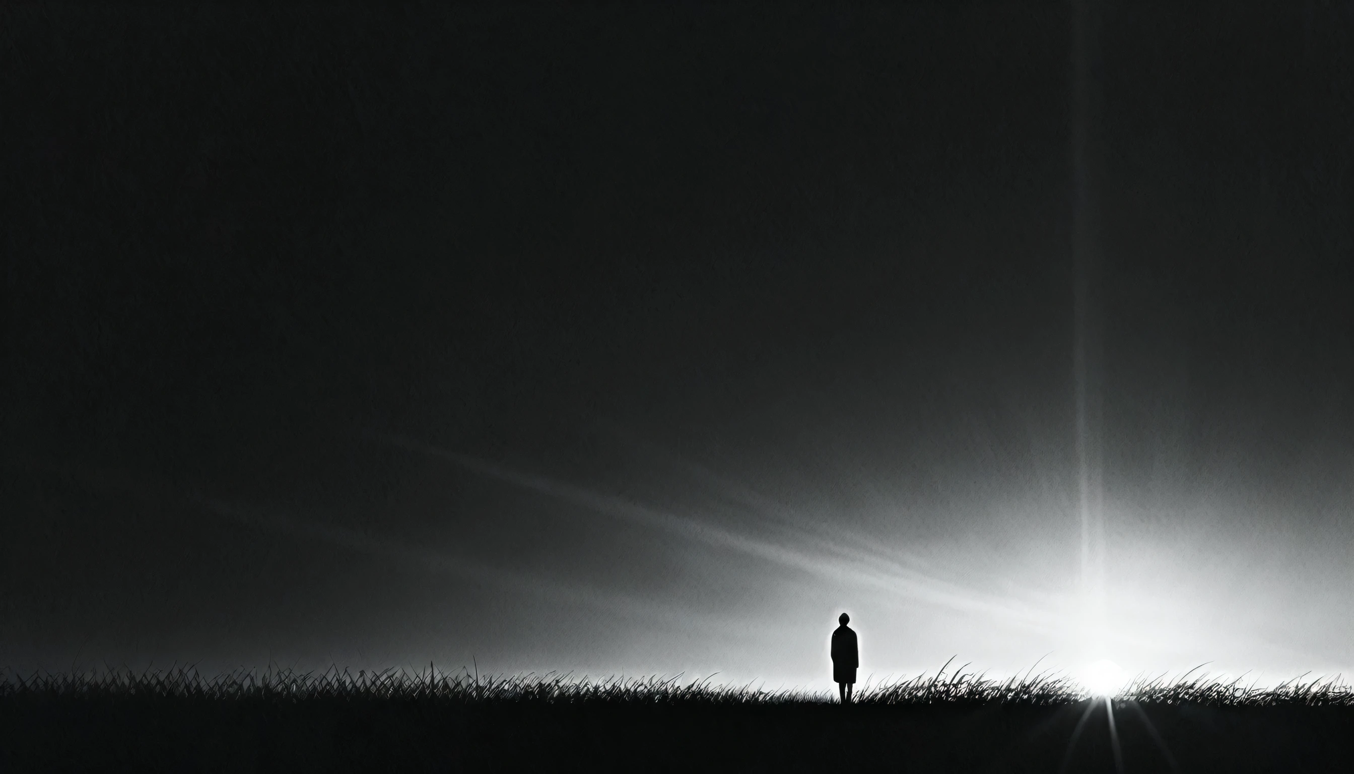 Person standing in an empty field, their shadow elongated by the setting sun, minimalist Journey,highres,ultra-detailed,realistic,portrait,monochrome,contrast,bold lines,dark atmosphere,simple composition,dramatic lighting,expressive face,subtle emotions,striking gaze,intense stare,simple clothing,mysterious background,haunting beauty,graceful pose,mysterious aura,vivid black and white tones,ethereal,concept art,journey of self-discovery,quiet introspection,depth of the soul,symbolic representation,minimalist environment,subtle details,emotional depth,striking simplicity,balance of light and darkness,surreal experience,striking shadows,subtle textures,detailed expression,striking visual impact,straightforward yet thought-provoking,wide range of emotional interpretation,shadow,anatomical correct:2