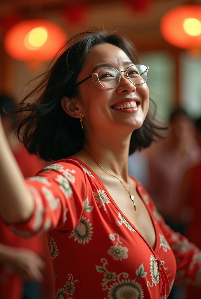 a middle aged asian woman, dancing, chest open, looking straight, smiling, shoulder length hair, glasses on head, (best quality,4k,8k,highres,masterpiece:1.2),ultra-detailed,(realistic,photorealistic,photo-realistic:1.37),sharp focus,vivid colors,professional