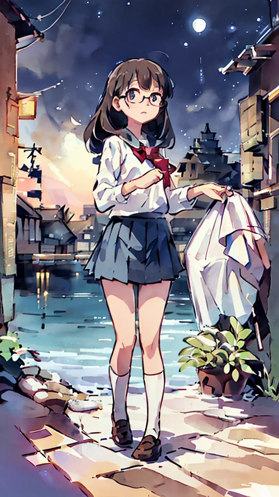 Dazzling Light、Many towers in the distance、Big Moon、metropolis、Tall buildings、Looking up at the stars、water、Midnight、Moon、Blue light、sky、sea、Nsfw、masterpiece, high quality, 4K, HDR,, Stable Diffusion prompt:  schoolgirl with short、brown hair and red-framed glasses, wearing a white blouse and navy skirt, white panties visible, navy socks and brown loafers, in a state of arousal and trembling with sexual climax,simple illustration style, In a nichijou (everyday life) Setting Image generation AI model used: Stable Diffusion (eleet- model)

id: i2