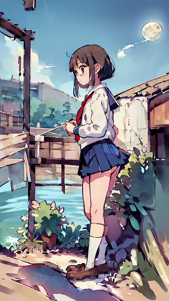 Dazzling Light、Many towers in the distance、Big Moon、metropolis、Tall buildings、Looking up at the stars、water、Midnight、Moon、Blue light、sky、sea、Nsfw、masterpiece, high quality, 4K, HDR,, Stable Diffusion prompt: schoolgirl with short、brown hair and red-framed glasses, wearing a white blouse and navy skirt, white panties visible, navy socks and brown loafers, in a state of arousal and trembling with sexual climax,simple illustration style, In a nichijou (everyday life) Setting Image generation AI model used: Stable Diffusion (eleet- model)
id: i2