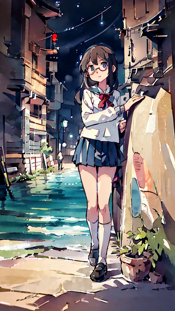 Dazzling Light、Many towers in the distance、Big Moon、metropolis、Tall buildings、Looking up at the stars、water、Midnight、Moon、Blue light、sky、sea、Nsfw、masterpiece, high quality, 4K, HDR,, Stable Diffusion prompt:  schoolgirl with short、brown hair and red-framed glasses, wearing a white blouse and navy skirt, white panties visible, navy socks and brown loafers, in a state of arousal and trembling with sexual climax,simple illustration style, In a nichijou (everyday life) Setting Image generation AI model used: Stable Diffusion (eleet- model)

id: i2