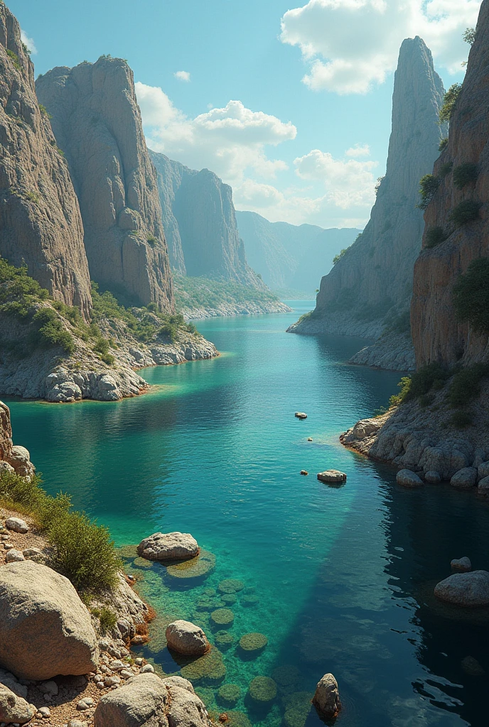 create an image that represents the relief of the earth in the Silurian period (rockery, mountainscape, shallow seas and invertebrates)