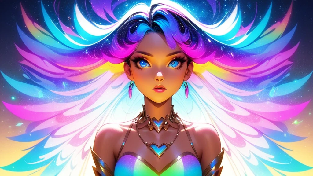 a close up of a woman with colorful hair and a necklace, anime girl with cosmic hair, rossdraws pastel vibrant, artwork in the style of guweiz, fantasy art style, colorful]”, vibrant fantasy style, rossdraws cartoon vibrant, cosmic and colorful, guweiz, colorfull digital fantasy art, stunning art style, beautiful anime style