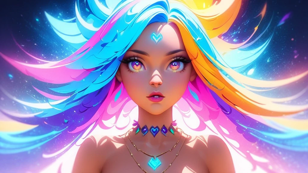 a close up of a woman with colorful hair and a necklace, anime girl with cosmic hair, rossdraws pastel vibrant, artwork in the style of guweiz, fantasy art style, colorful]”, vibrant fantasy style, rossdraws cartoon vibrant, cosmic and colorful, guweiz, colorfull digital fantasy art, stunning art style, beautiful anime style