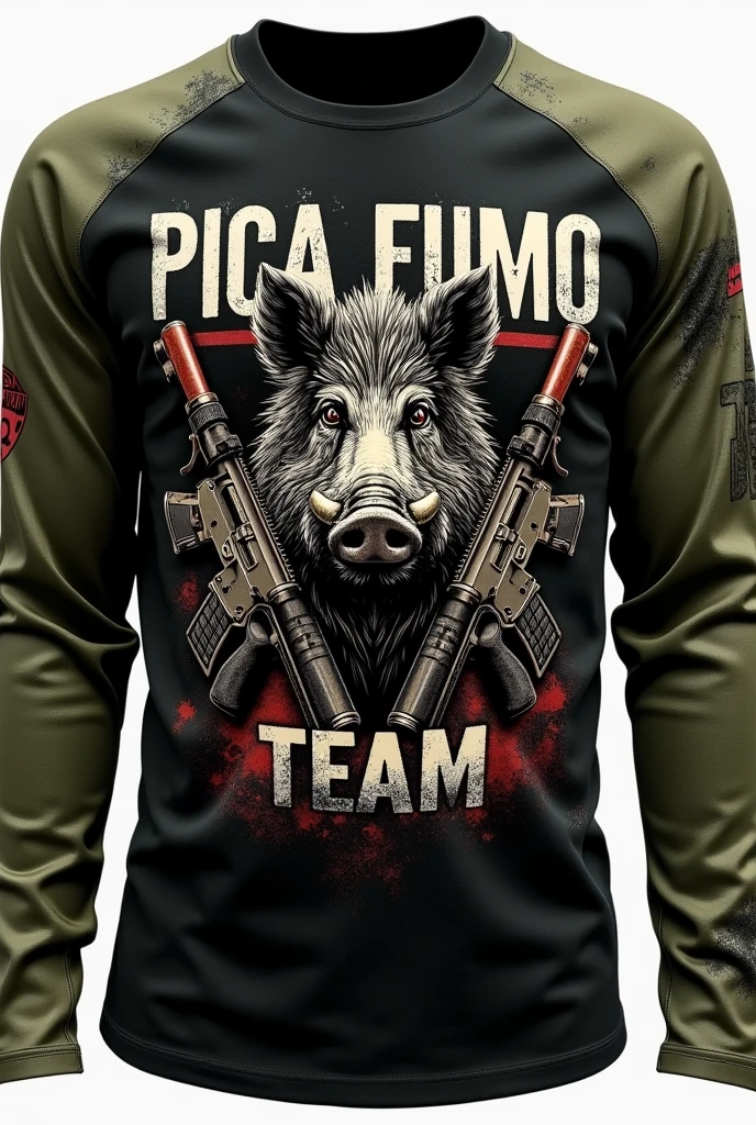 LONG SLEEVE MILITARY T-SHIRT IN BLACK WITH MOSS GREEN SLEEVES AND THE IMAGE OF A BOAR AND AMERICAN 556 RIFLES  , Written "PICA FUMO TEAM "  SHOT HOLES KEEP MODEL ADD AMMUNITION
