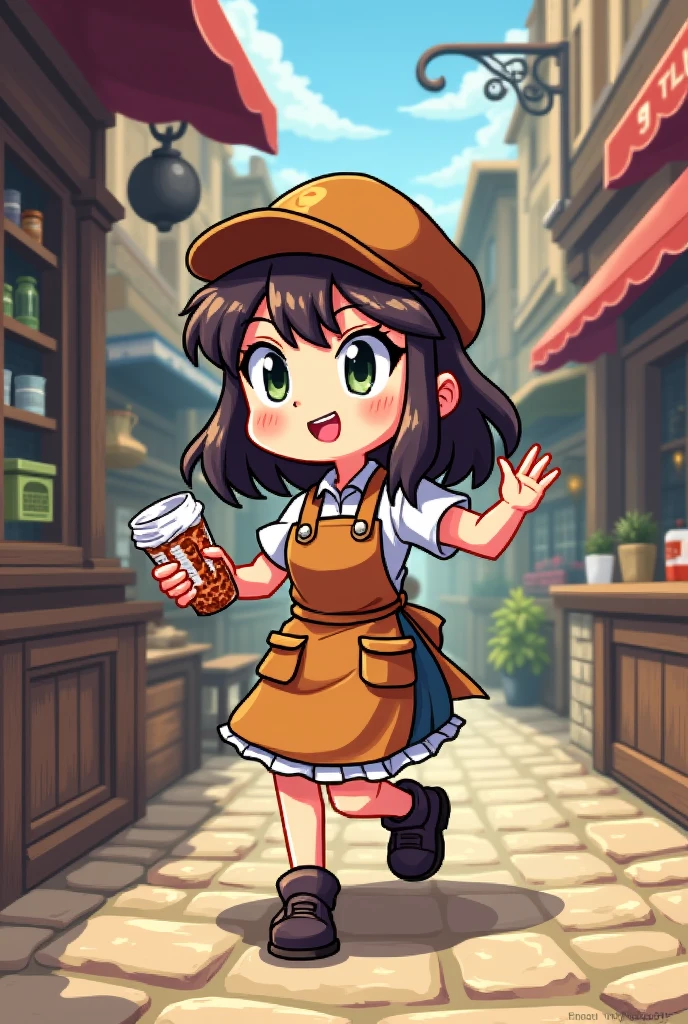 Create a 16x16 pixel art character in the style of Chrono Trigger, 3-heads tall, female shopkeeper in motion. The character should have a shop apron or retail uniform, holding items like products
