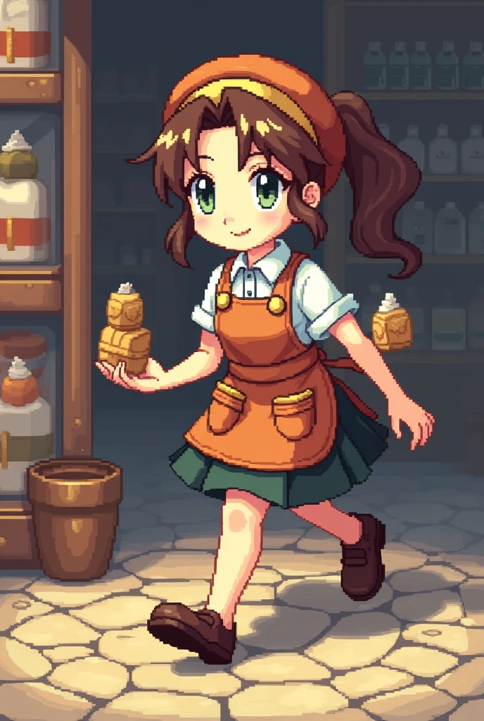 Create a 16x16 pixel art character in the style of Chrono Trigger, 3-heads tall, female shopkeeper in motion. The character should have a shop apron or retail uniform, holding items like products