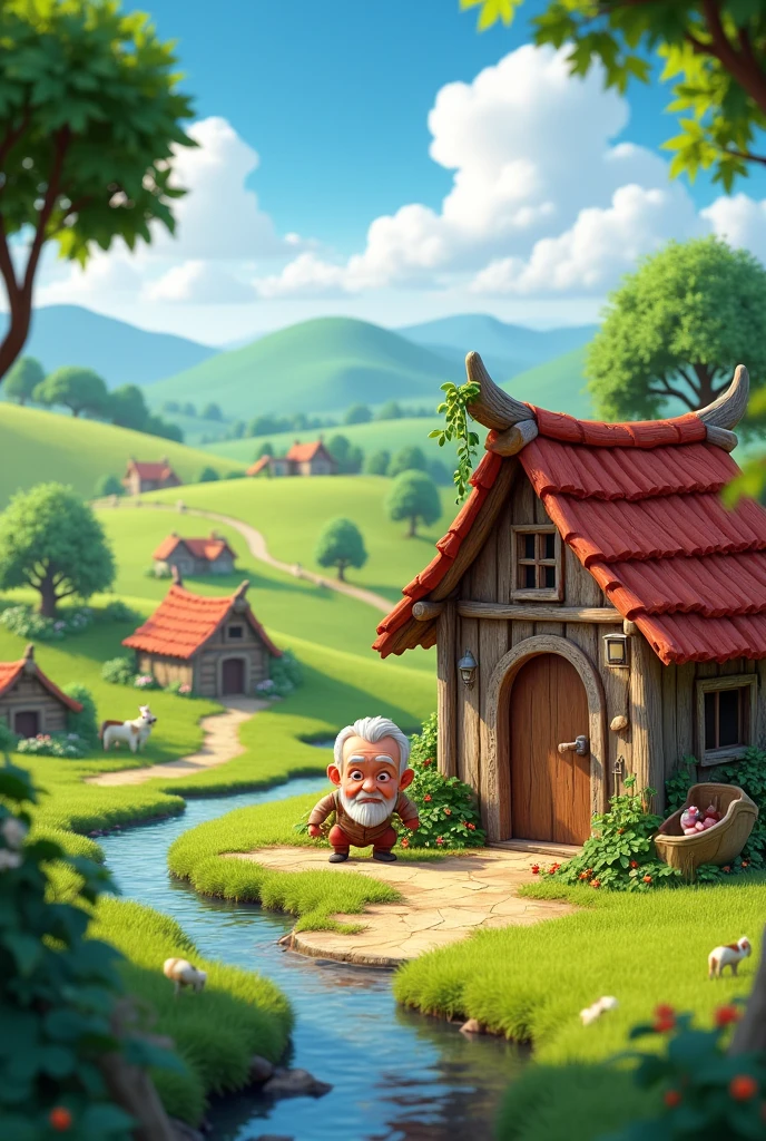 farm  with several huts, The poor old man lives in it   , 3d animation ,disney inspired, 8k