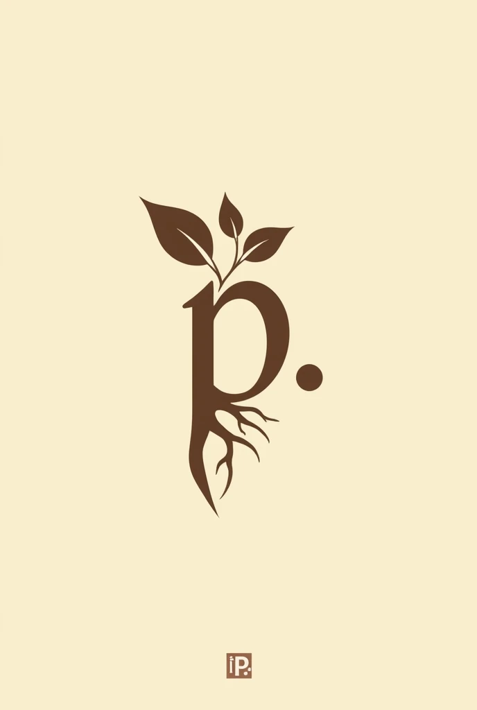 Make a logo with a "p" and a "." bem a frente do p, faça o p. na cor marrom e coloquand aa planta junto que tenha raízes e acompanhe o formato do p., faça o p. bem minimalista and a fundo creme na imagem toda. não esqueça o ponto final a frente do p