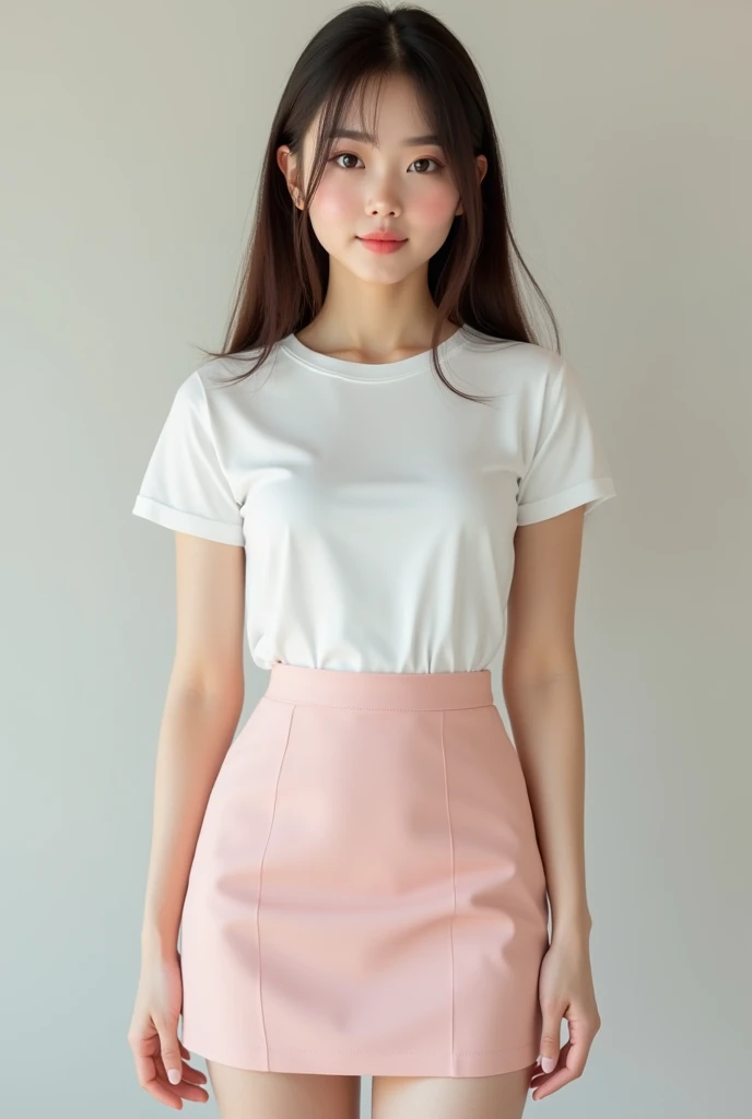 girl + pale skin + asian eyes (dark brown) + straight light brown hair + curvy body + c cup breasts + upturned nose.
white short-sleeved t-shirt + pastel pink mini skirt.