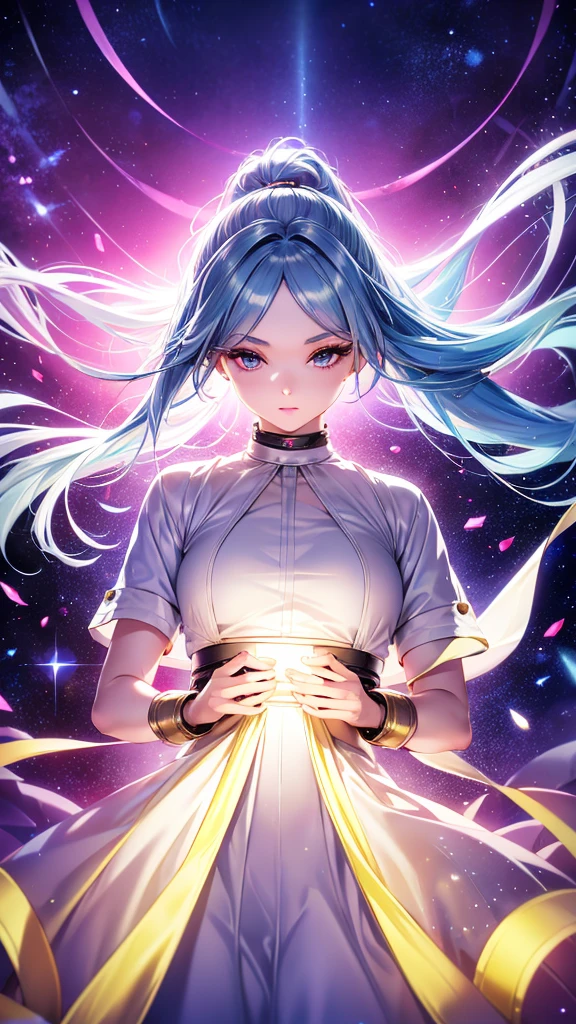 1 person, 20-year-old girl, One person, (Silver Hair), Long pointed ears、Elf、(Gradient sky blue hair tip:1.6), hair, Ridiculously long hair, Single Side Lock, Wavy Hair, Shine髪, Floating Hair, (Fantastic deep purple eyes), Delicate eyes, Aqua Eye, Very fine eye, Long upper eyelashes, ((Glowing Eyes)), compensate, Focus on the face, Highly detailed facial, Pretty face, Perfect breasts, Hot body, (Delicate skin texture:1.2), break, White extra long skirt, Fashion Clothing, necklace, Technical clothing masterpiece, on the road, Gazing at the starry sky, meteor, cyber punk, Detailed Background, The perfect layered cut, clean focus, (magazine:1.3), (Cover Style:1.3), Octane Rendering, Tyndall effect, Real, Dark studio, Side light, 2-color illumination, realism, Chiaroscuro, (Shine光), Shine, Ray Tracing, Cinema Lighting, Futurism, Motion Blur, Atmospheric perspective, Depth of written boundary, Bokeh, Highest quality, 超High resolution, Super Detail, masterpiece, High resolution, Accurate, retina, Anatomically correct
